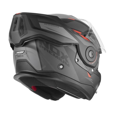 NOX PREMIUM KASK SZCZĘKOWY FLIP-BACK (SZCZĘKA DO TYŁU) Z BLENDĄ SPINNER ARK KOLOR CZARNY MAT/CZERWONY ROZMIAR S NOX