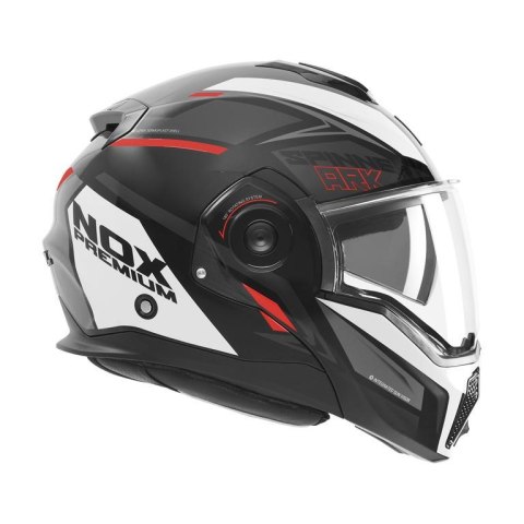 NOX PROMOCJA PREMIUM KASK SZCZĘKOWY FLIP-BACK (SZCZĘKA DO TYŁU) Z BLENDĄ SPINNER ARK KOLOR CZARNY/BIAŁY/CZERWONY ROZMIAR S NOX