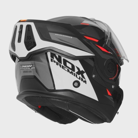 NOX PROMOCJA PREMIUM KASK SZCZĘKOWY FLIP-BACK (SZCZĘKA DO TYŁU) Z BLENDĄ SPINNER ARK KOLOR CZARNY/BIAŁY/CZERWONY ROZMIAR S NOX