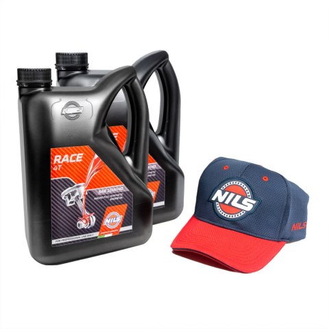 NILS PROMOCJA OLEJ SILNIKOWY 4T RACE SAE 10W40 100% SYNTETYK 2 X4 L + CZAPKA Z DASZKIEM CZERWONO-NIEBIESKA (AKC) NILS