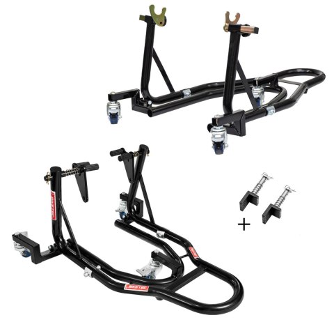 BIKETEC PRO ZESTAW PODNOŚNIKÓW / STOJAKÓW MOTOCYKLOWYCH (PRZÓD/TYŁ) TYP-V / TYP-L KOLOR CZARNY (MOŻLIWOŚC ŁATWEGO PRZESTAWIENIA  BIKETEC OM