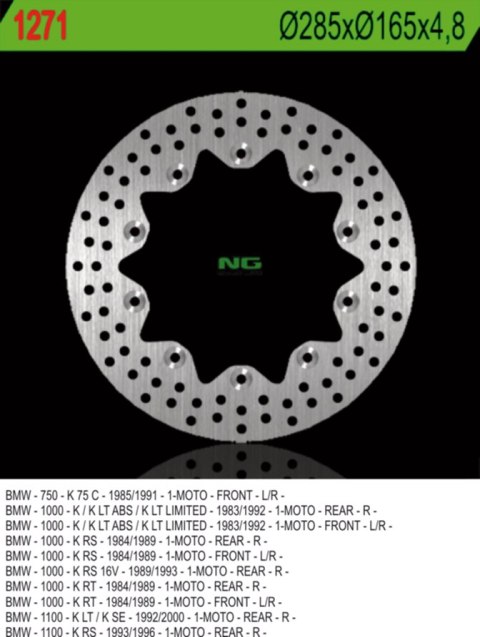 NG TARCZA HAMULCOWA PRZÓD BMW K 75C/RT/S '94-'96, PRZÓD/TYŁ K 100 '84-'93, K1100 '92-'00 (285X165X4,8) (10X5,5MM)