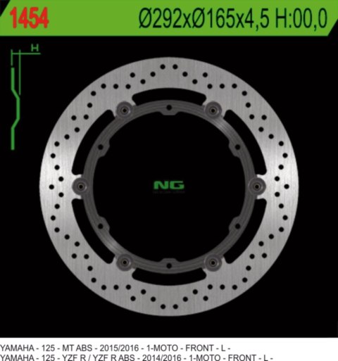 NG TARCZA HAMULCOWA PRZÓD YAMAHA YZF 125R ABS '14-'20, MT 125 ABS '15-'20 PŁYWAJĄCA (292X165X4,5MM) (6X8,5MM)