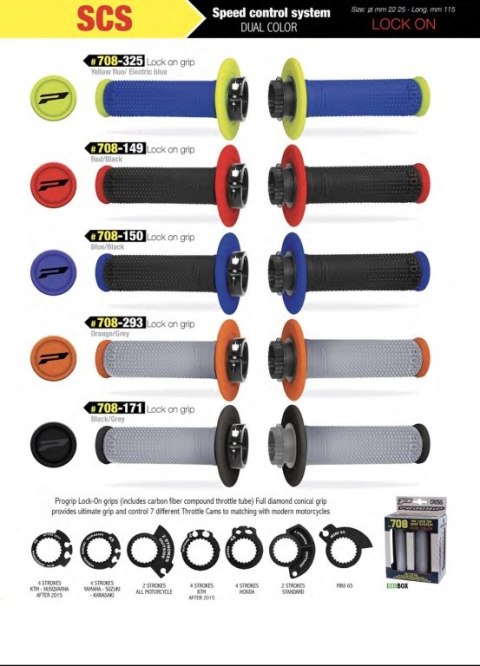 PROGRIP MANETKI PG708 OFF ROAD Z BLOKADĄ SCS LOCK-ON + 6 ADAPTERÓW ROLGAZU (22+25MM) KOLOR NIEBIESKI ZÓŁTY DWUSKŁADNIKOWE FLUO (