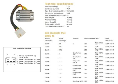 DZE REGULATOR NAPIĘCIA SUZUKI LT160 89-04, LTF250 88-02, LTF300 KING QUAD 99-02 (SH572E-12) (ESR136)
