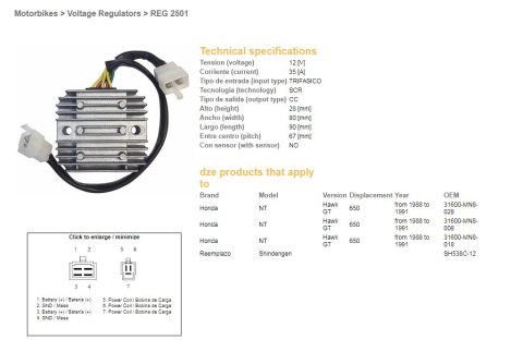 DZE REGULATOR NAPIĘCIA HONDA NTV650 '88-91 12V 35A (SH538C-12) (31600-MN8-008) (31600-MN8-028) (ESR252)