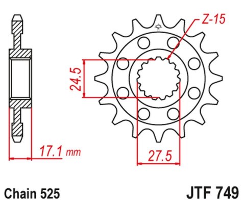 JT ZĘBATKA PRZEDNIA 2249 16 Z GUMĄ DUCATI PANIGALE 1199/1299 '12-'16 (224916JT) (ŁAŃC.525)