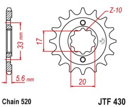 JT ZĘBATKA PRZEDNIA 430 14 KAWASAKI KXF 250 '04-'05, SUZUKI RMZ 250 '04-'05 (43014JT) (ŁAŃC. 520)
