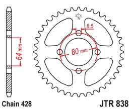JT ZĘBATKA TYLNA 838 38 YAMAHA RD 125 '74-75, SYM XS 125 (83838JT) (ŁAŃC. 428)