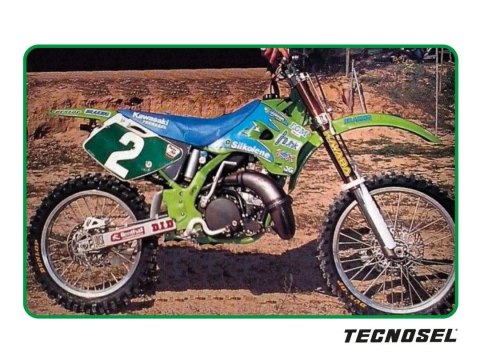 TECNOSEL (BLACKBIRD) KOMPLET NAKLEJEK (OKLEIN) + POKROWIEC/POSZYCIE NA SIEDZENIE KAWASAKI KX 125/250 '94-'98, REPLICA TEAM KAWAS
