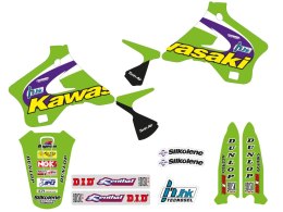 TECNOSEL (BLACKBIRD) KOMPLET NAKLEJEK (OKLEIN) + POKROWIEC/POSZYCIE NA SIEDZENIE KAWASAKI KX 125/250 '94-'98, REPLICA TEAM KAWAS