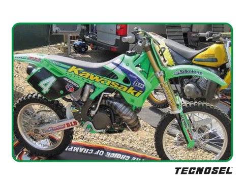TECNOSEL (BLACKBIRD) KOMPLET NAKLEJEK (OKLEIN) + POKROWIEC/POSZYCIE NA SIEDZENIE KAWASAKI KX 125/250 '94-'98, REPLICA TEAM KAWAS