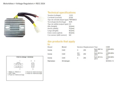 DZE REGULATOR NAPIĘCIA HONDA CMX250C '01-'14 (31600-KEN-A51) (SH535C-13) (ESR181)