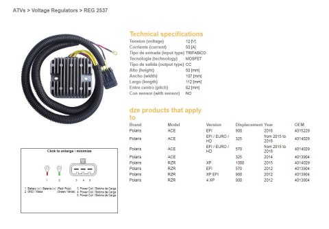 DZE REGULATOR NAPIĘCIA POLARIS ACE 325 EFI '14-'16, 570 EFI '15-'16, 900 '16, RZR 570/900 '12, RZR 1000 EFI '15, 12V 50A (MOSFET