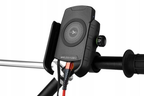BIKETEC UCHWYT MOTOCYKLOWY Z ŁADOWARKĄ INDUKCYJNĄ USB-C, QUICK CHARGE NA TELEFON MONTOWANY NA KIEROWNICĘ LUB LUSTERKO TYP: R9W-P