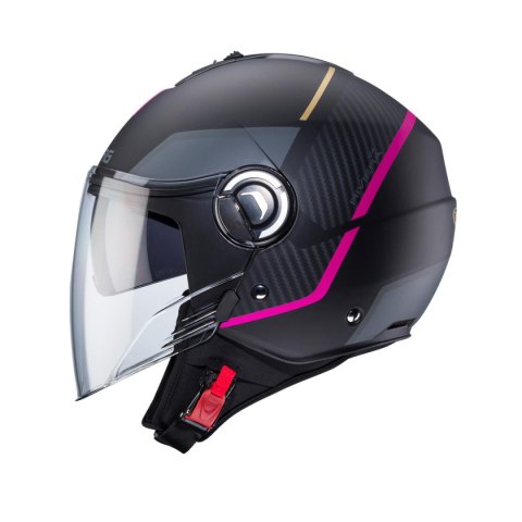 CABERG KASK OTWARTY JET Z BLENDĄ MODEL RIVIERA V4X GEO KOLOR CZARNY MAT/SZARY/FUKSJA (INTENSYWNY ODCIEŃ RÓŻOWEGO) ROZMIAR XS