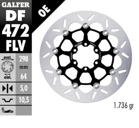 GALFER TARCZA HAMULCOWA PRZÓD / TYŁ APRILIA; CAGIVA; INDIAN; MOTO MORINI; VICTORY; YAMAHA (298X64X5) (FLOATING) (PATRZ OPIS)